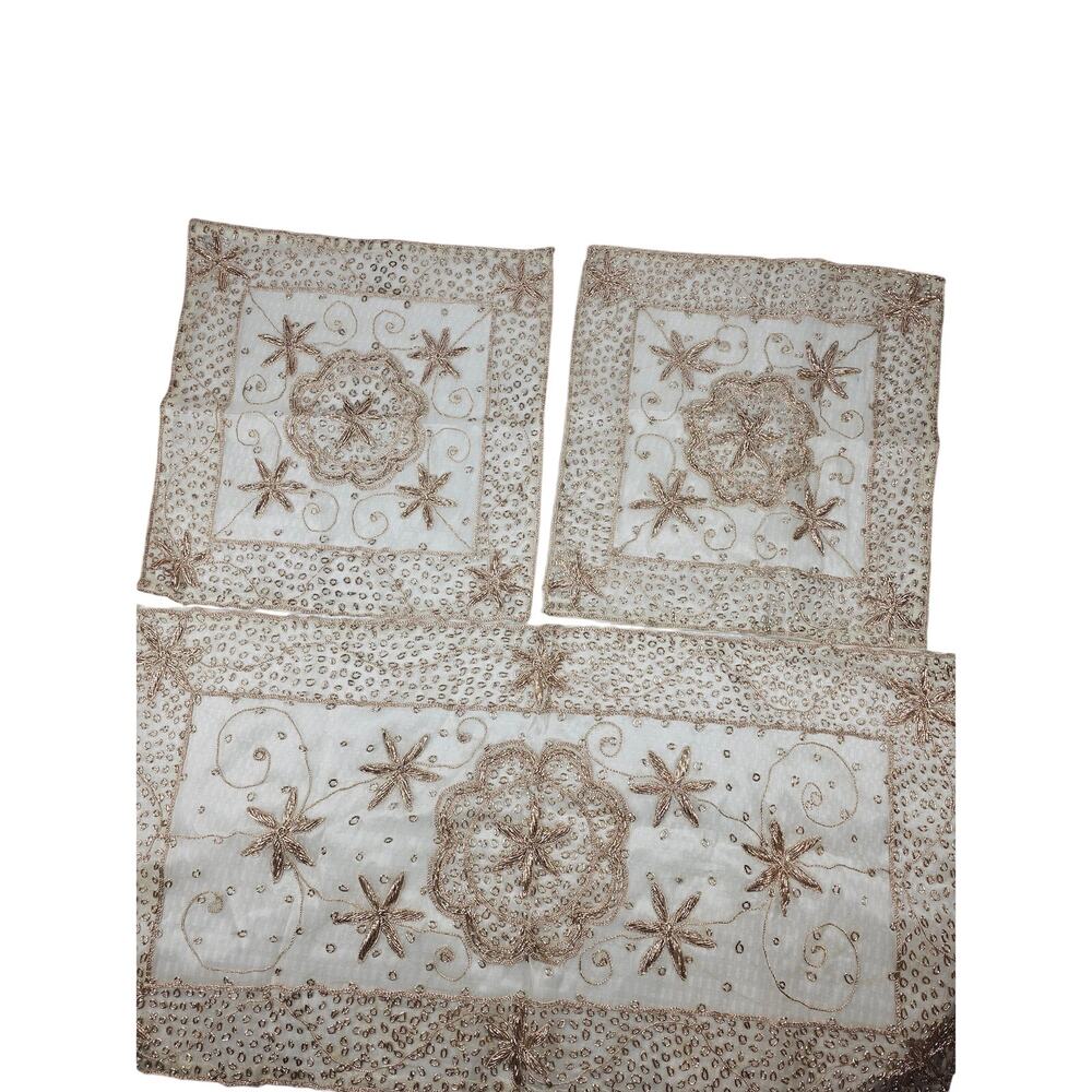 Table Runner and 2 Place Mats Embroidered Gold Beaded Accents, Indian or Persian